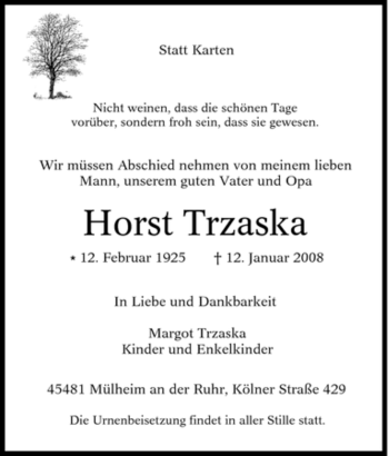Traueranzeige von Horst Trzaska von Tageszeitung