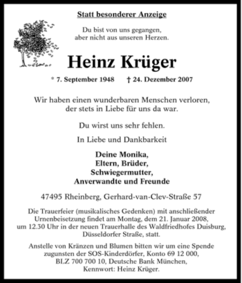 Traueranzeige von Heinz Krüger von Tageszeitung