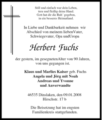 Traueranzeige von Herbert Fuchs von Tageszeitung