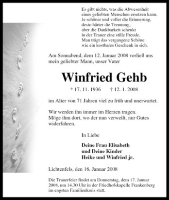 Traueranzeige von Winfried Gehb von Tageszeitung