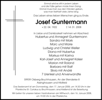 Traueranzeige von Josef Guntermann von Tageszeitung