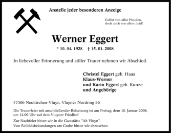 Traueranzeige von Werner Eggert von Tageszeitung