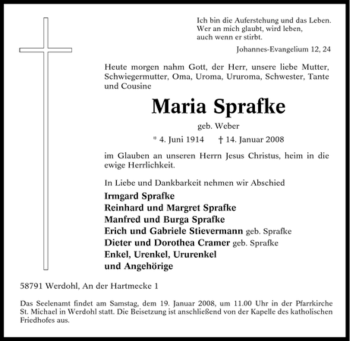 Traueranzeige von Maria Sprafke von Tageszeitung