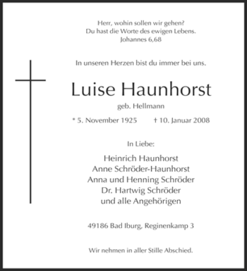 Traueranzeige von Luise Haunhorst von Tageszeitung