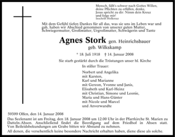 Traueranzeige von Agnes Stork von Tageszeitung