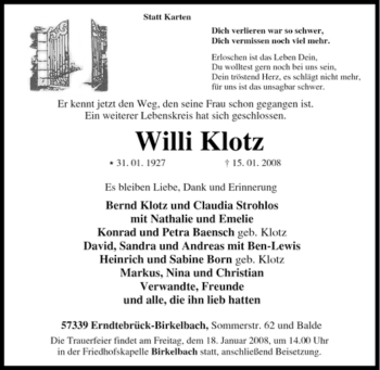 Traueranzeige von Willi Klotz von Tageszeitung