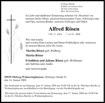 Traueranzeige von Alfred Rösen von Tageszeitung