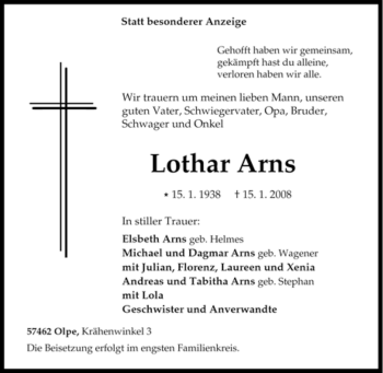 Traueranzeige von Lothar Arns von Tageszeitung
