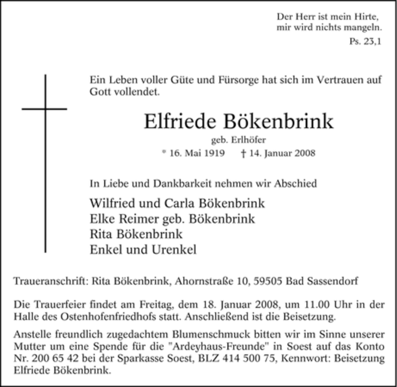  Traueranzeige für Elfriede Bökenbrink vom 16.01.2008 aus Tageszeitung