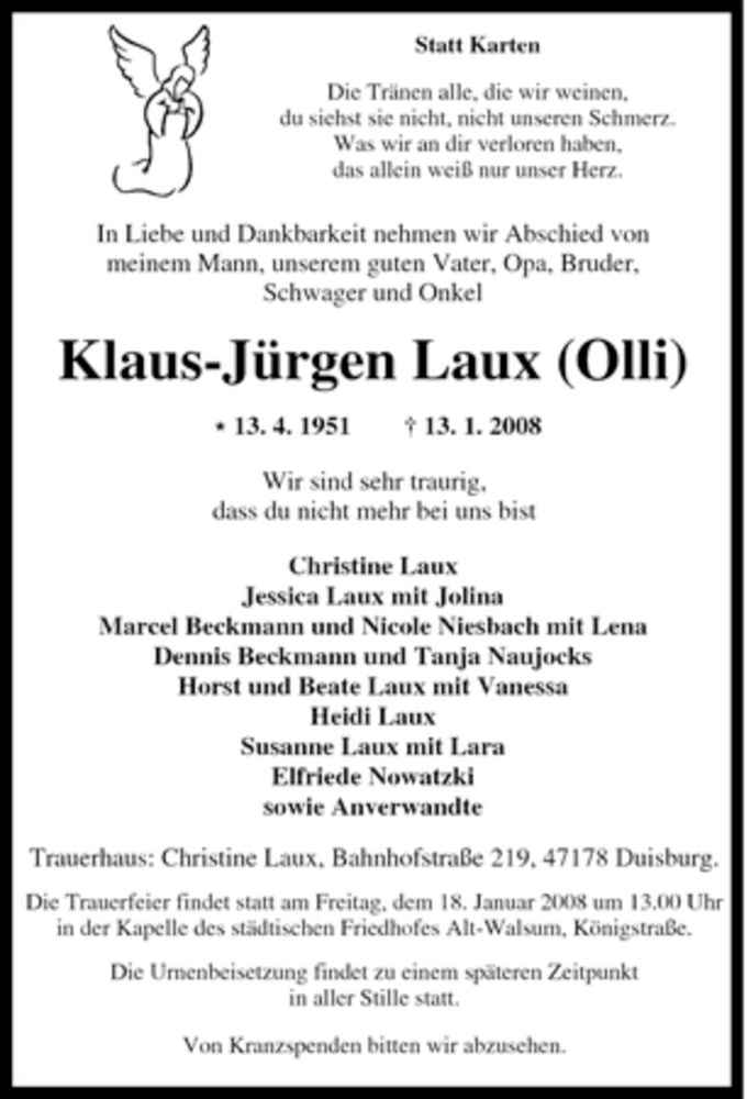 Traueranzeige für Klaus-Jürgen Laux vom 16.01.2008 aus Tageszeitung