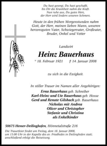 Traueranzeige von Heinz Bauerhaus von Tageszeitung