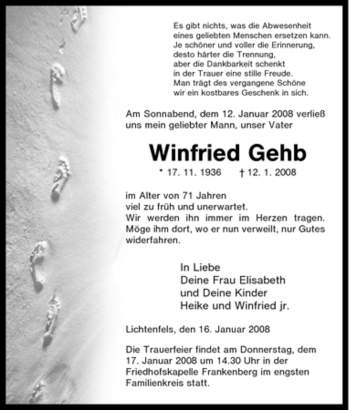 Traueranzeige von Winfried Gehb von Tageszeitung