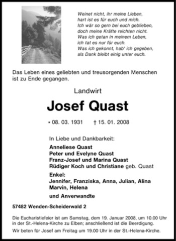 Traueranzeige von Josef Quast von Tageszeitung