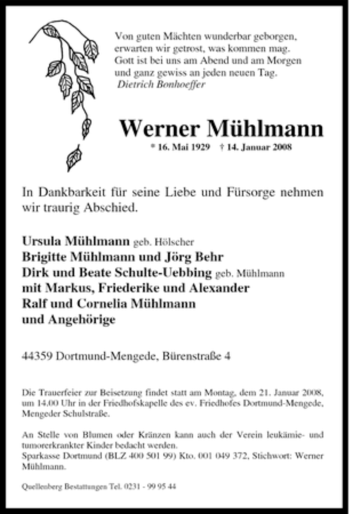 Traueranzeige von Werner Mühlmann von Tageszeitung