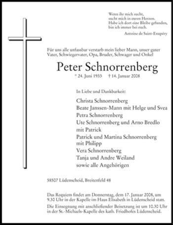 Traueranzeige von Peter Schnorrenberg von Tageszeitung