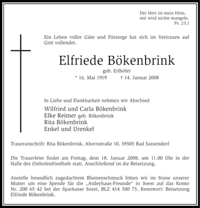 Traueranzeige für Elfriede Bökenbrink vom 16.01.2008 aus Tageszeitung