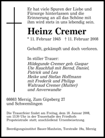 Traueranzeige von Heinz Cremer von Tageszeitung