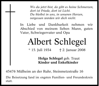 Traueranzeige von Albert Schlegel von Tageszeitung
