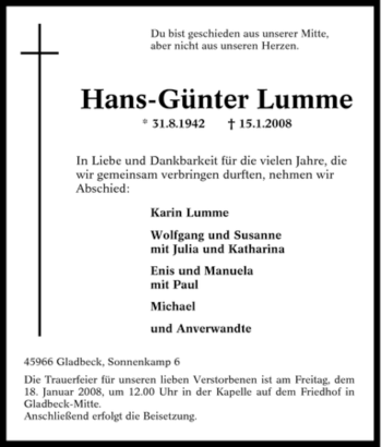 Traueranzeige von Hans-Günter Lumme von Tageszeitung