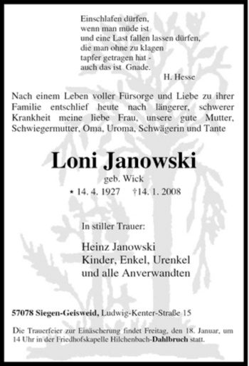 Traueranzeige von Loni Janowski von Tageszeitung