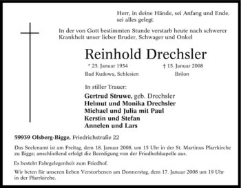 Traueranzeige von Reinhold Drechsler von Tageszeitung