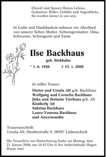 Traueranzeige von Ilse Backhaus von Tageszeitung