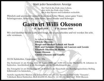 Traueranzeige von Gastwirt Willi Okesson von Tageszeitung