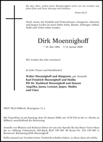 Traueranzeige von Dirk Moennighoff von Tageszeitung