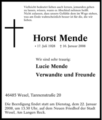 Traueranzeige von Horst Mende von Tageszeitung