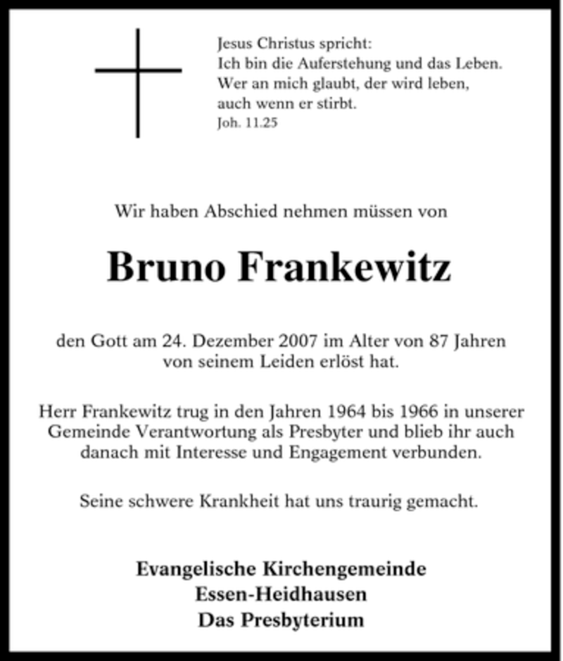  Traueranzeige für Bruno Frankewitz vom 18.01.2008 aus Tageszeitung