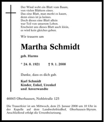 Traueranzeige von Martha Schmidt von Tageszeitung