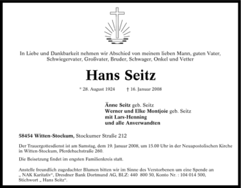 Traueranzeige von Hans Seitz von Tageszeitung