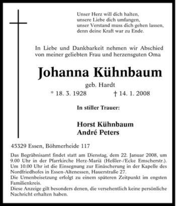 Traueranzeige von Johanna Kühnbaum von Tageszeitung