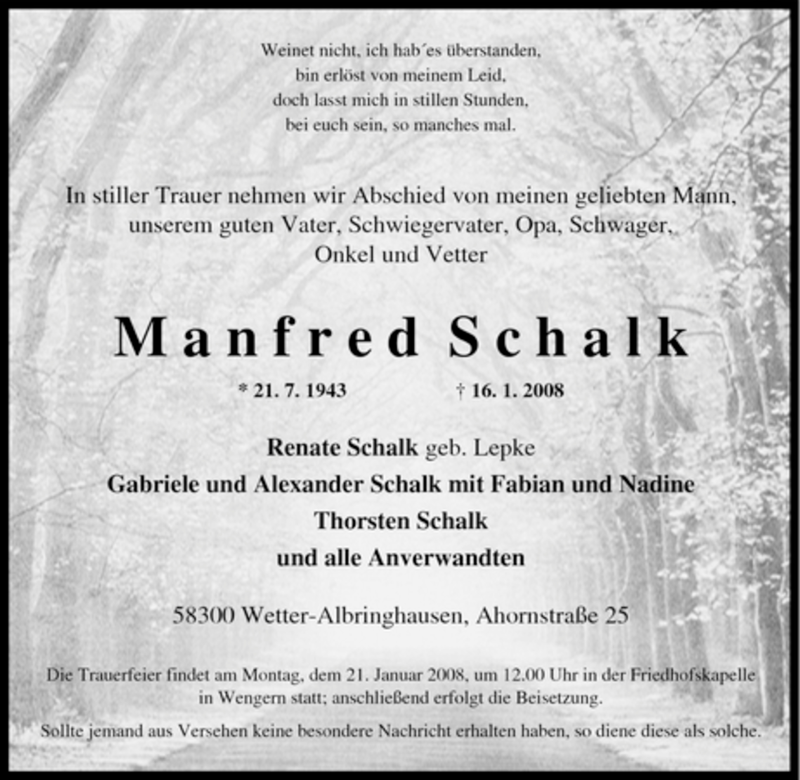  Traueranzeige für Manfred Schalk vom 18.01.2008 aus Tageszeitung