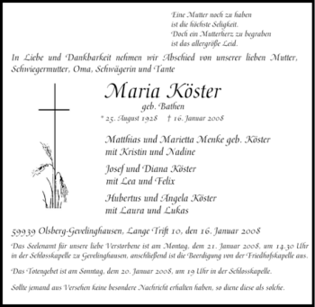 Traueranzeige von Maria Köster von Tageszeitung