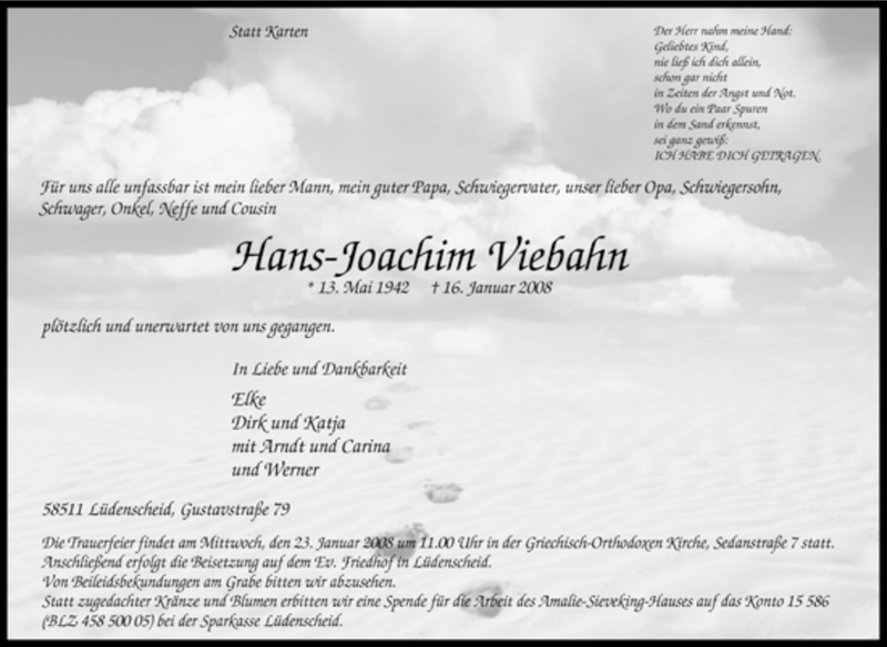 Traueranzeige für Hans-Joachim Viebahn vom 18.01.2008 aus Tageszeitung