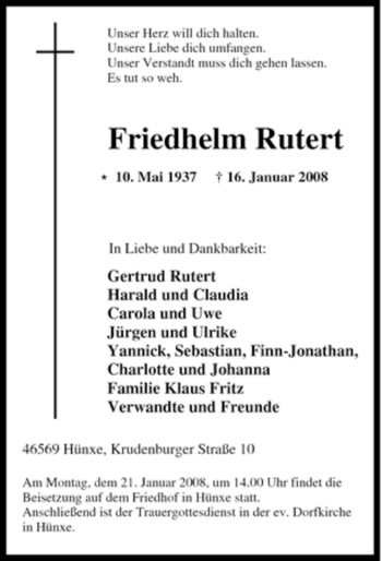 Traueranzeige von Friedhelm Rutert von Tageszeitung