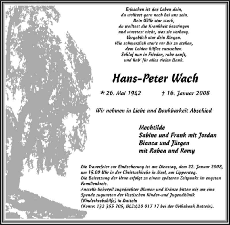  Traueranzeige für Hans-Peter Wach vom 18.01.2008 aus Tageszeitung