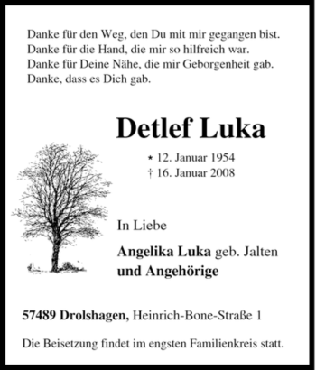 Traueranzeige von Detlef Luka von Tageszeitung