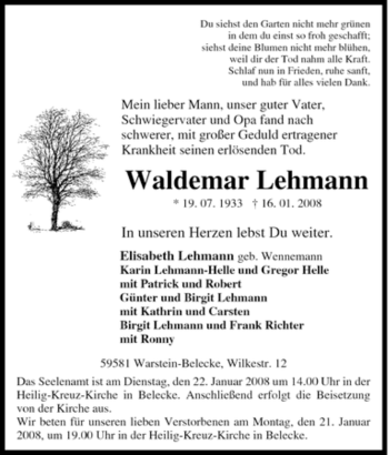 Traueranzeige von Waldemar Lehmann von Tageszeitung