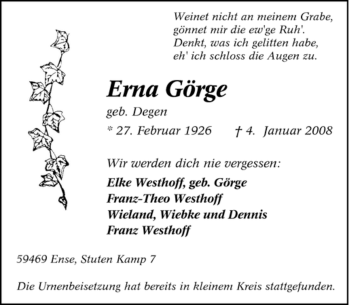 Traueranzeige von Erna Görge von Tageszeitung
