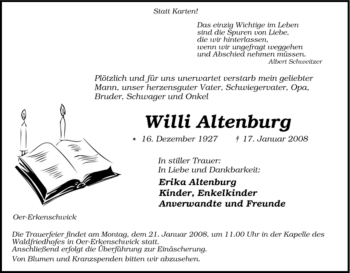Traueranzeige von Willi Altenburg von Tageszeitung
