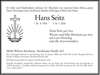 Traueranzeige von Hans Seitz von Tageszeitung