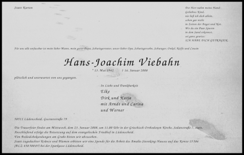  Traueranzeige für Hans-Joachim Viebahn vom 18.01.2008 aus Tageszeitung