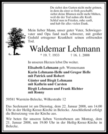 Traueranzeige von Waldemar Lehmann von Tageszeitung