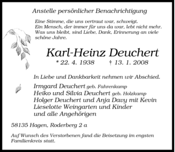 Traueranzeige von Karl-Heinz Deuchert von Tageszeitung