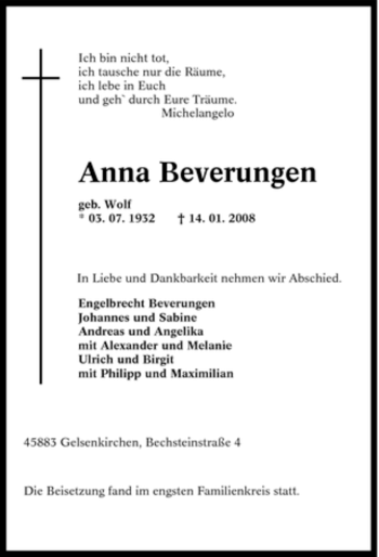 Traueranzeige von Anna Beverungen von Tageszeitung