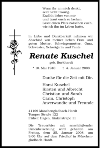 Traueranzeige von Renate Kuschel von Tageszeitung