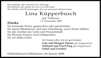 Traueranzeige von Lina Küpperbusch von Tageszeitung