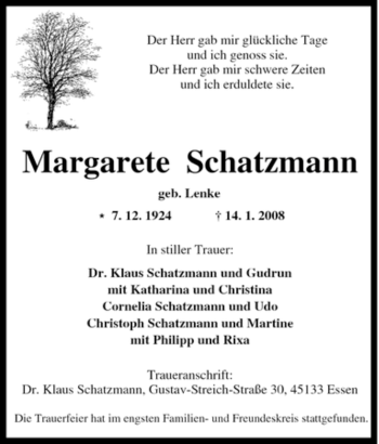Traueranzeige von Margarete MargareteSchatzmann von Tageszeitung
